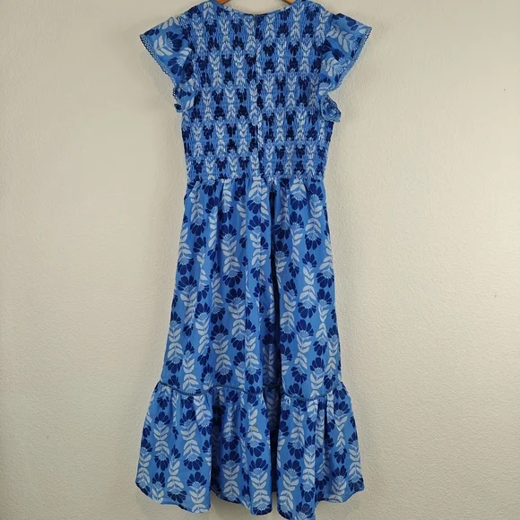 J. Marie Nwot The Luna Ruched Midi Floral Blue Dress Ruffle Sleeves Sz Medium - Picture 13 of 16